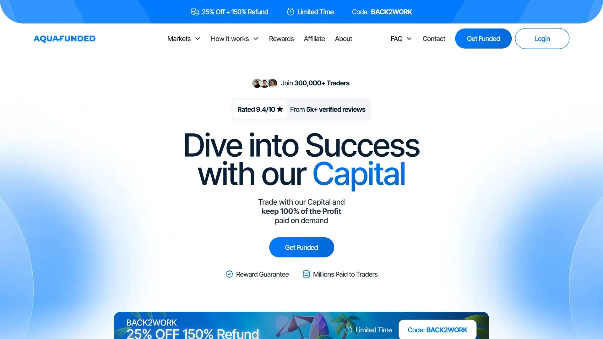 Page d'accueil du site AquaFunded : fond blanc et bleu clair, titre « Dive into Success with our Capital », promesse de 100 % des profits et bandeau de code promotionnel