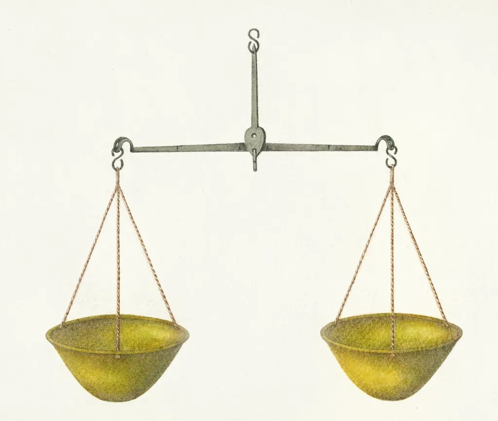 Balance à deux plateaux en laiton suspendue par des chaînes, sur fond neutre