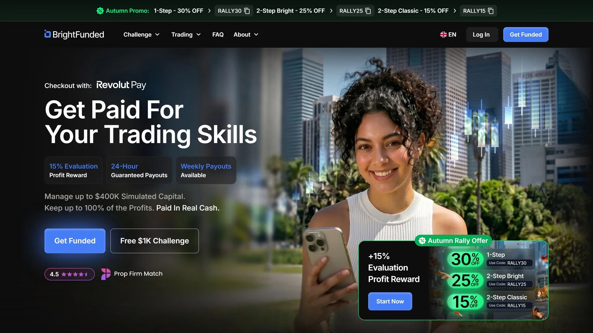 Page d'accueil du site BrightFunded : titre « Get Paid For Your Trading Skills » a cote d'une photo de trader souriante, encarts sur les paiements hebdomadaires et jusqu'a 400 000 $ de capital simule