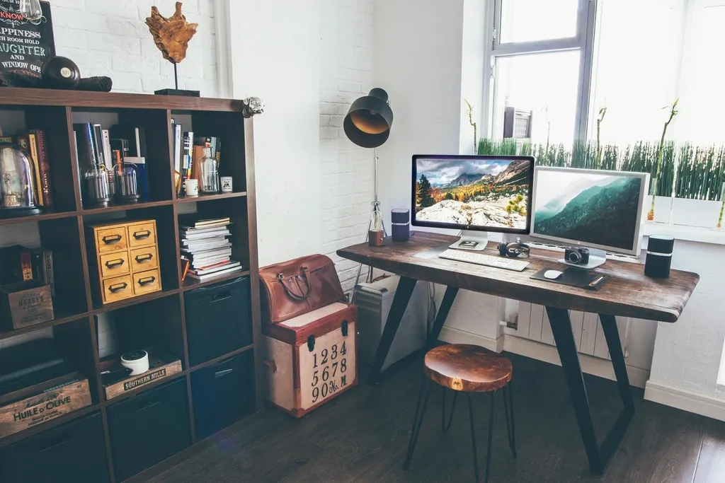 Bureau de travail avec deux écrans, une étagère de rangement et une plante