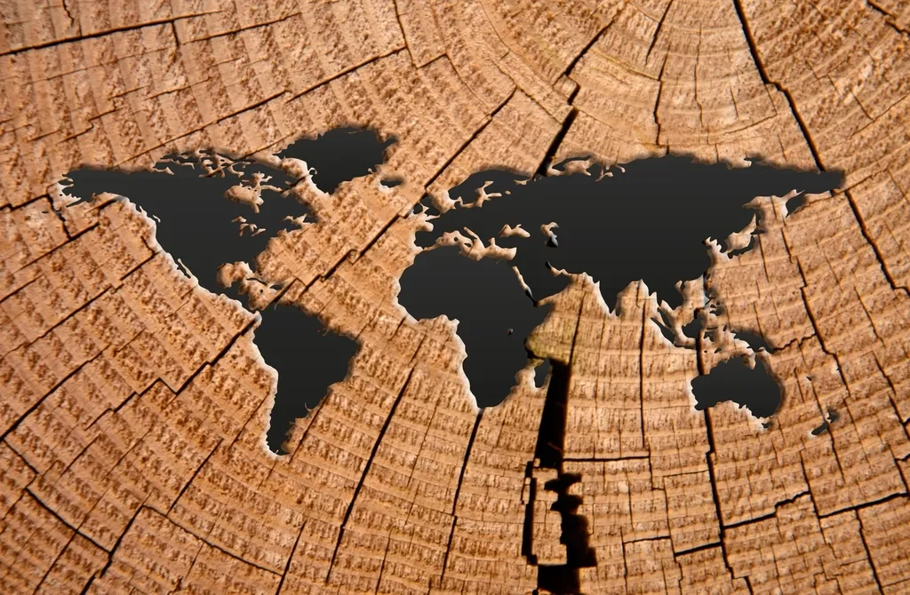 Carte du monde découpée dans une tranche de bois