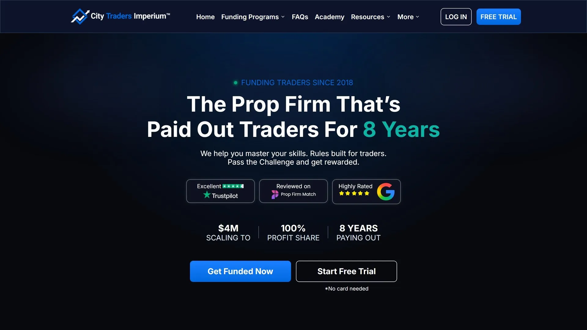 Page d'accueil du site City Traders Imperium : titre sur huit annees de paiements aux traders, chiffres de 4 M$ de scaling et 100 % de partage des profits, badges Trustpilot et Google