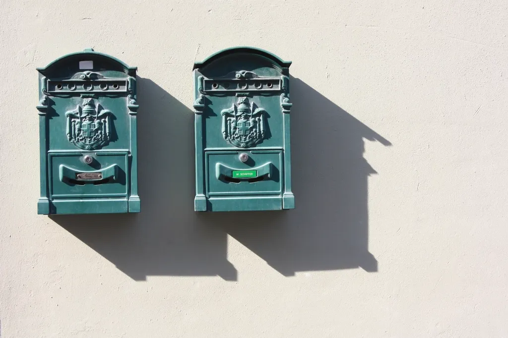 Deux boîtes aux lettres vertes fixées sur un mur clair