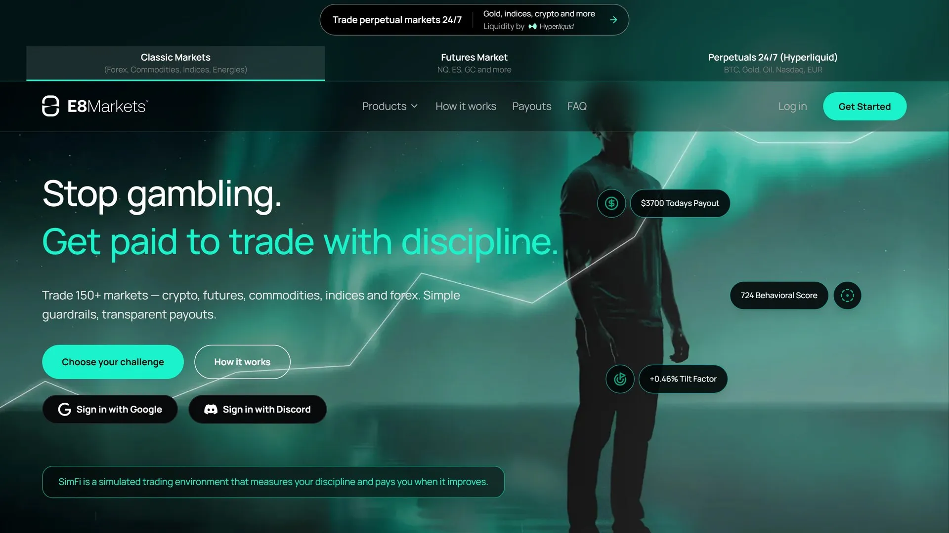 Page d'accueil du site E8 Markets : titre « Stop gambling. Get paid to trade with discipline. » sur une silhouette en contre-jour, mention de 150 marches et connexion Google ou Discord