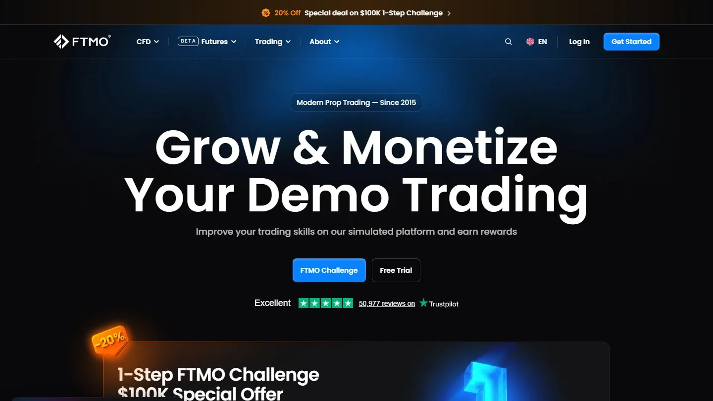 Page d'accueil du site FTMO : offre de challenge 1-step sur compte de 100 000 $ et note Trustpilot