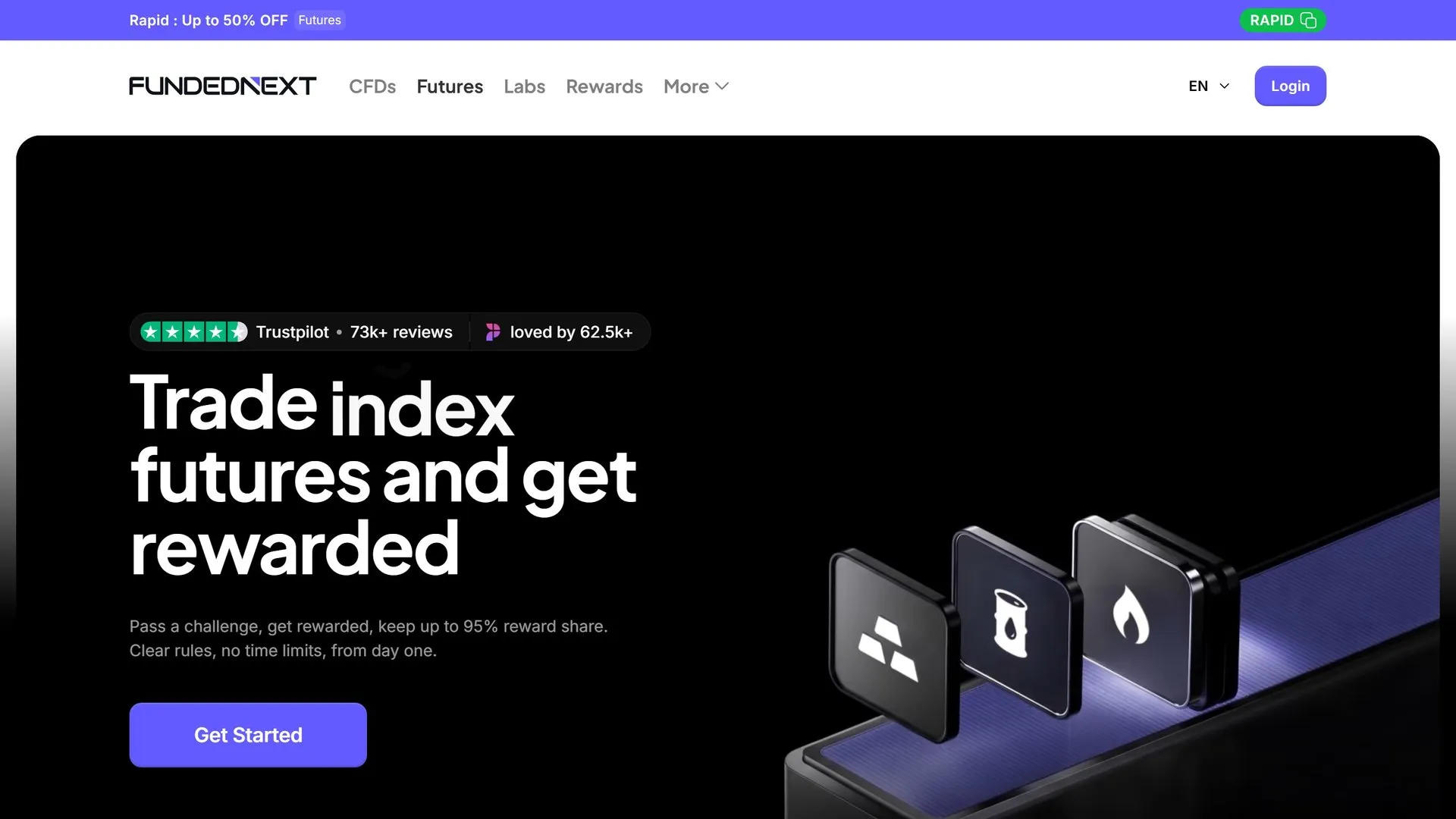 Page d'accueil de la section futures du site FundedNext : titre « Trade index futures and get rewarded », illustration de dalles noires et bandeau de remise Rapid