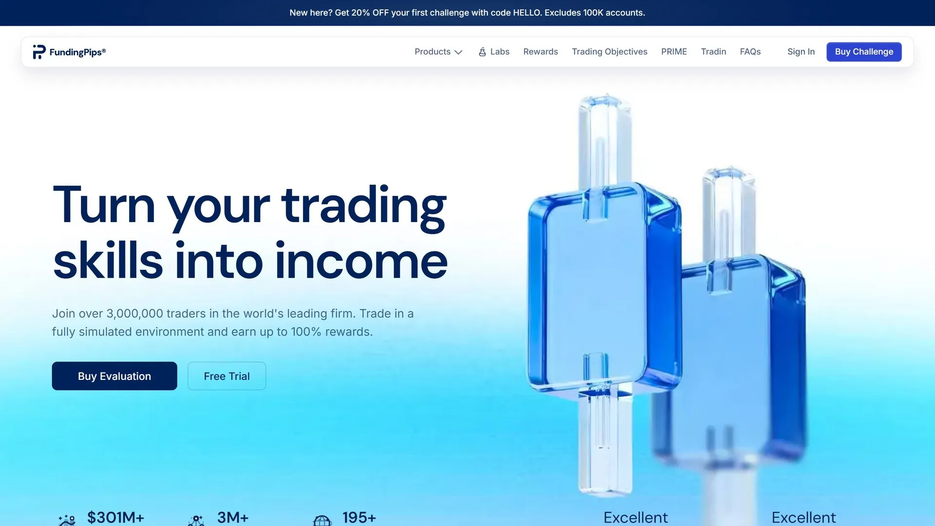 Page d'accueil du site FundingPips : fond bleu clair, titre « Turn your trading skills into income », illustration de chandeliers en verre, chiffres de 301 M$ et 3 millions de traders