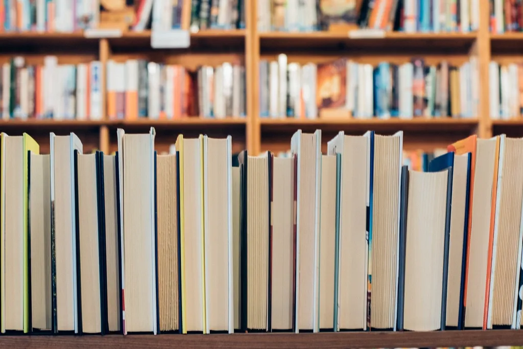 Row of colourful book spines packed on a shelf