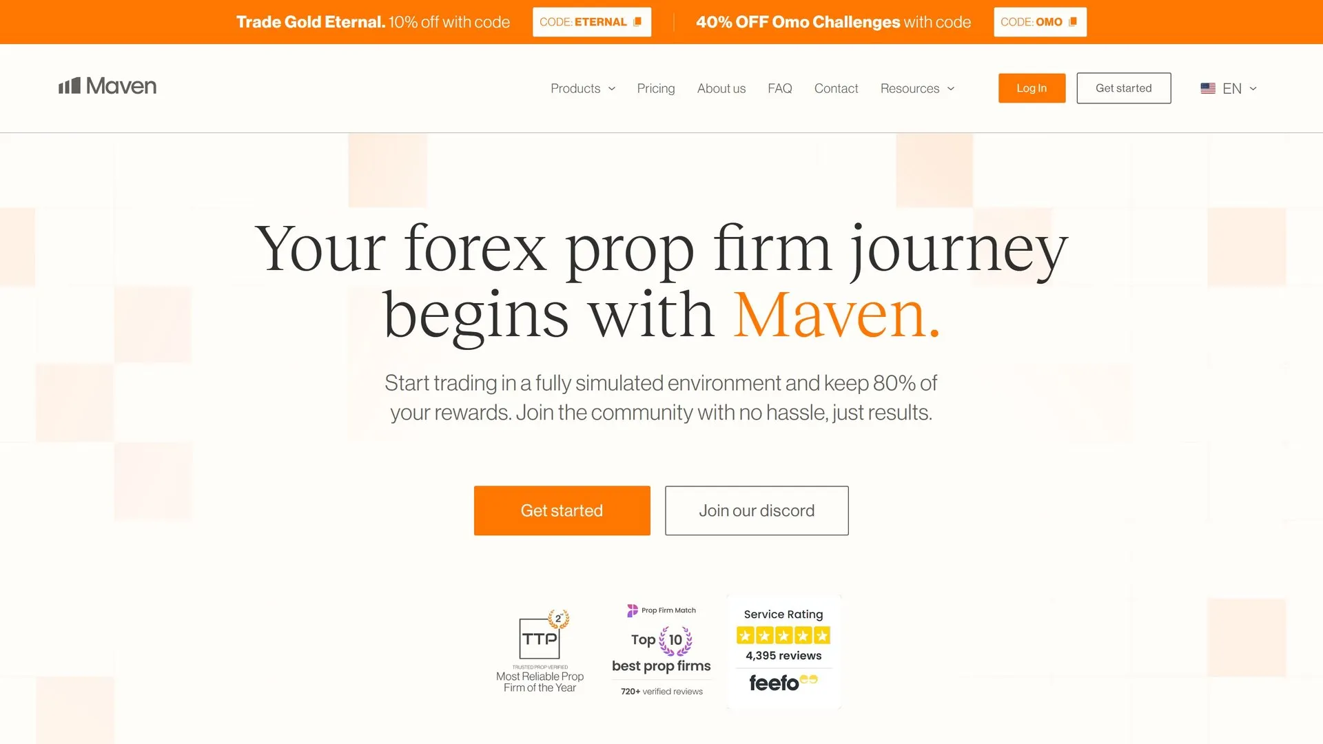 Page d'accueil du site Maven Trading : fond clair et titre « Your forex prop firm journey begins with Maven », mention de 80 % de partage des profits, badges Feefo et Prop Firm Match