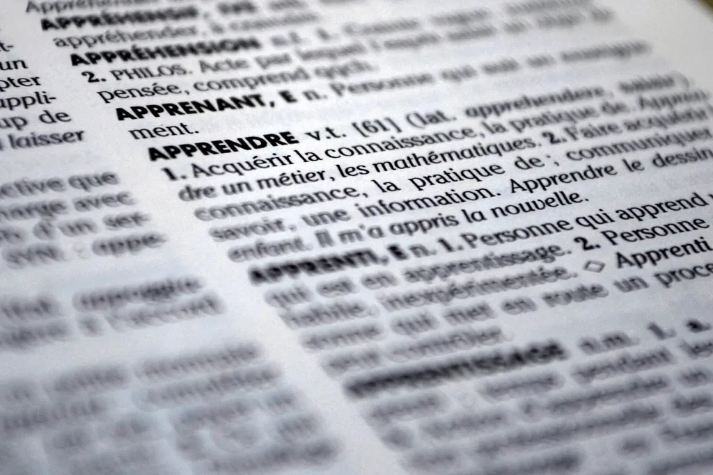 Page de dictionnaire en gros plan, entrée « apprendre »