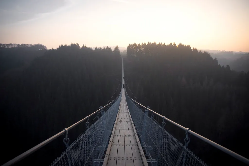 Suspension bridge leading into a misty forest