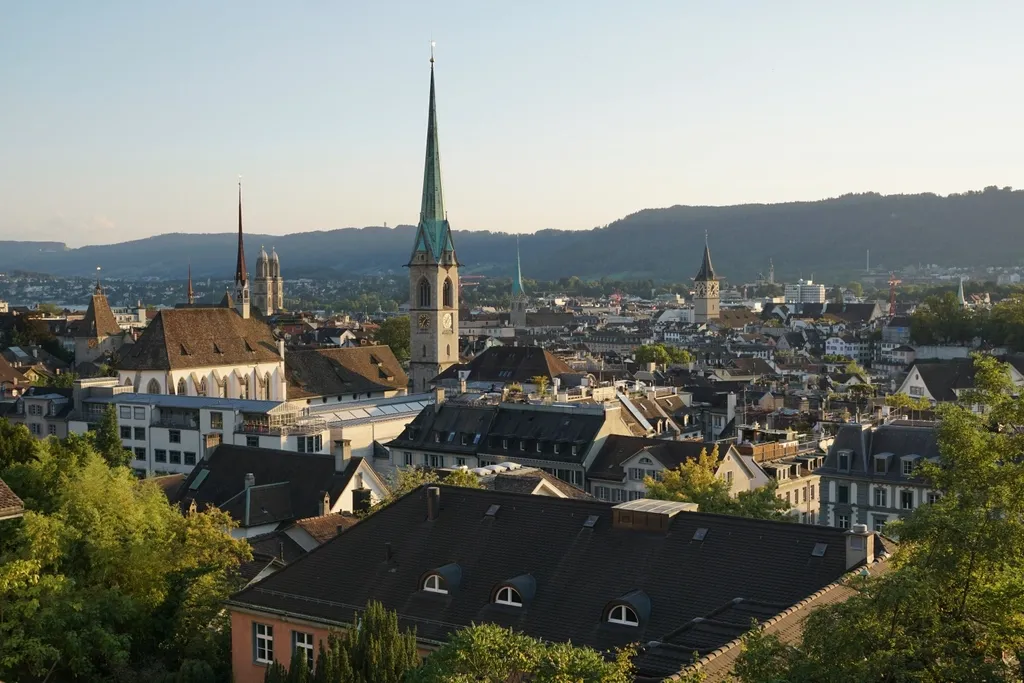 Toits de Zurich avec un clocher et les collines en arrière-plan