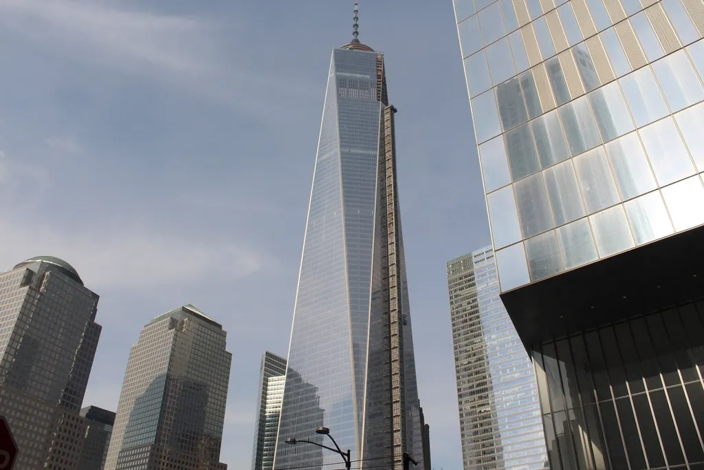 Glass towers of a business district seen from street level
